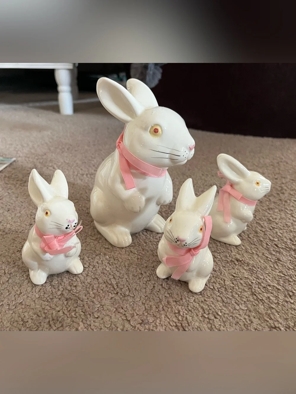 White Ceramic Bunny Figurine with Pink Ribbon - Decorative Small Pets Accent